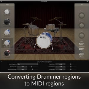 Converting Drummer Regions to MIDI Regions If you need absolute control over a Drummer region, you can convert it to a MIDI region. Two methods are available for converting a Drummer region to MIDI:
.
* Drag any drummer region to a MIDI track. The region will automatically convert to a MIDI region.
* Command-click a Drummer region and choose Convert > Convert to MIDI Region. The region will convert to MIDI, and the Drummer editor will no longer be available.
.
TIP: You can convert a MIDI region on a Drummer track back to a Drummer region by Command-clicking the region and choosing Convert > Convert to Drummer Region. However, any edits you made to the MIDI region will not be saved after the conversion.
.
Page 144, Logic Pro X For Dummies